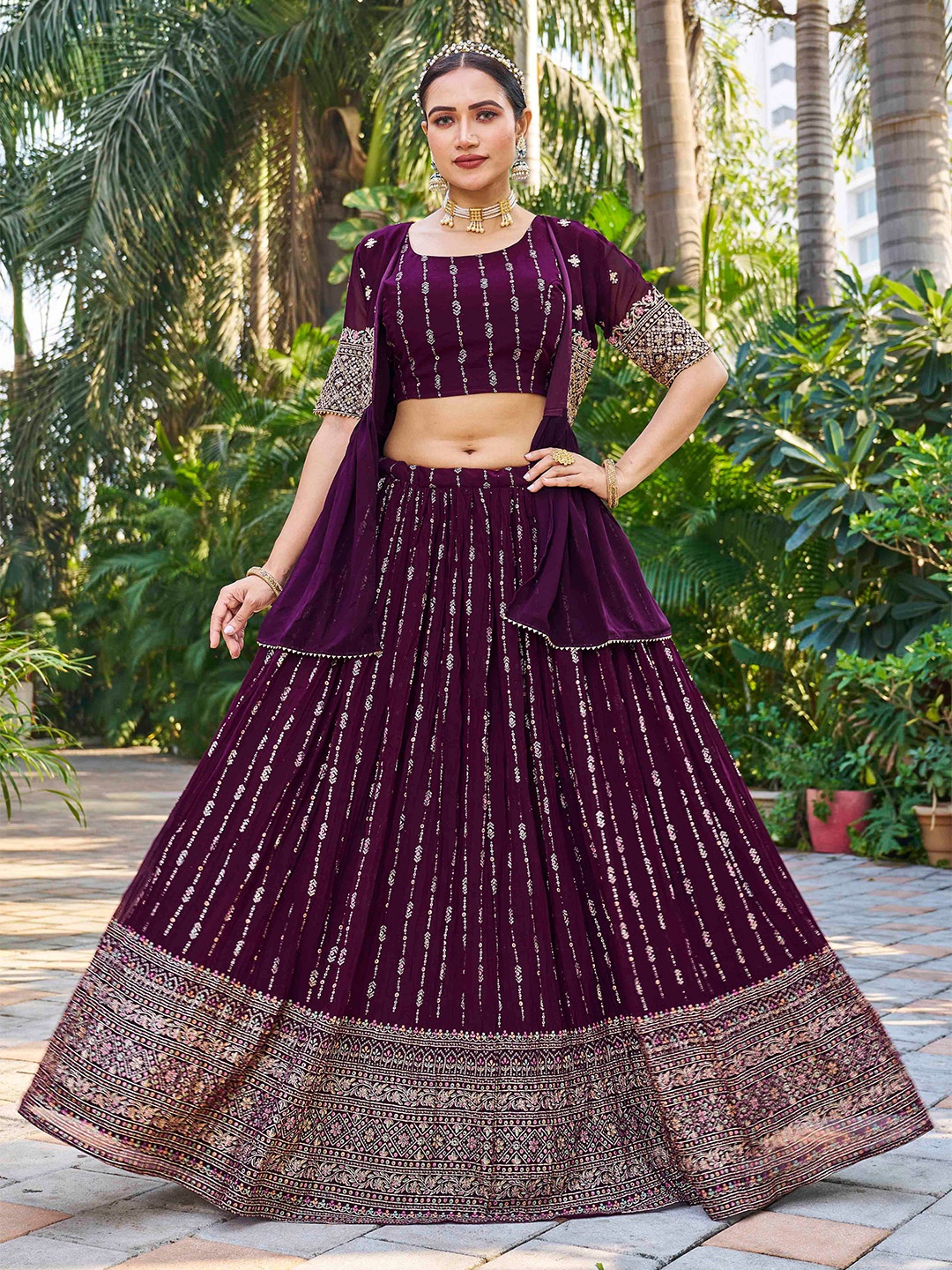 

Chandbaali Embellished Sequined Ready to Wear Lehenga & Blouse With Dupatta, Burgundy