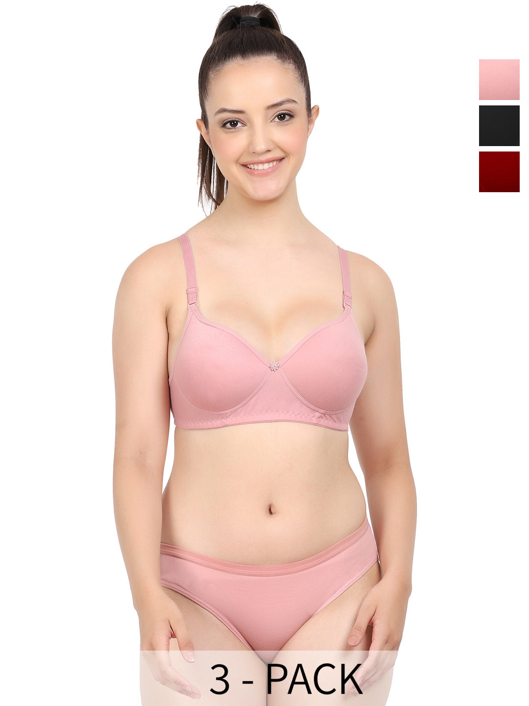 

AROUSY Pack Of 3 Lightly Padded Cotton Lingerie Set, Pink