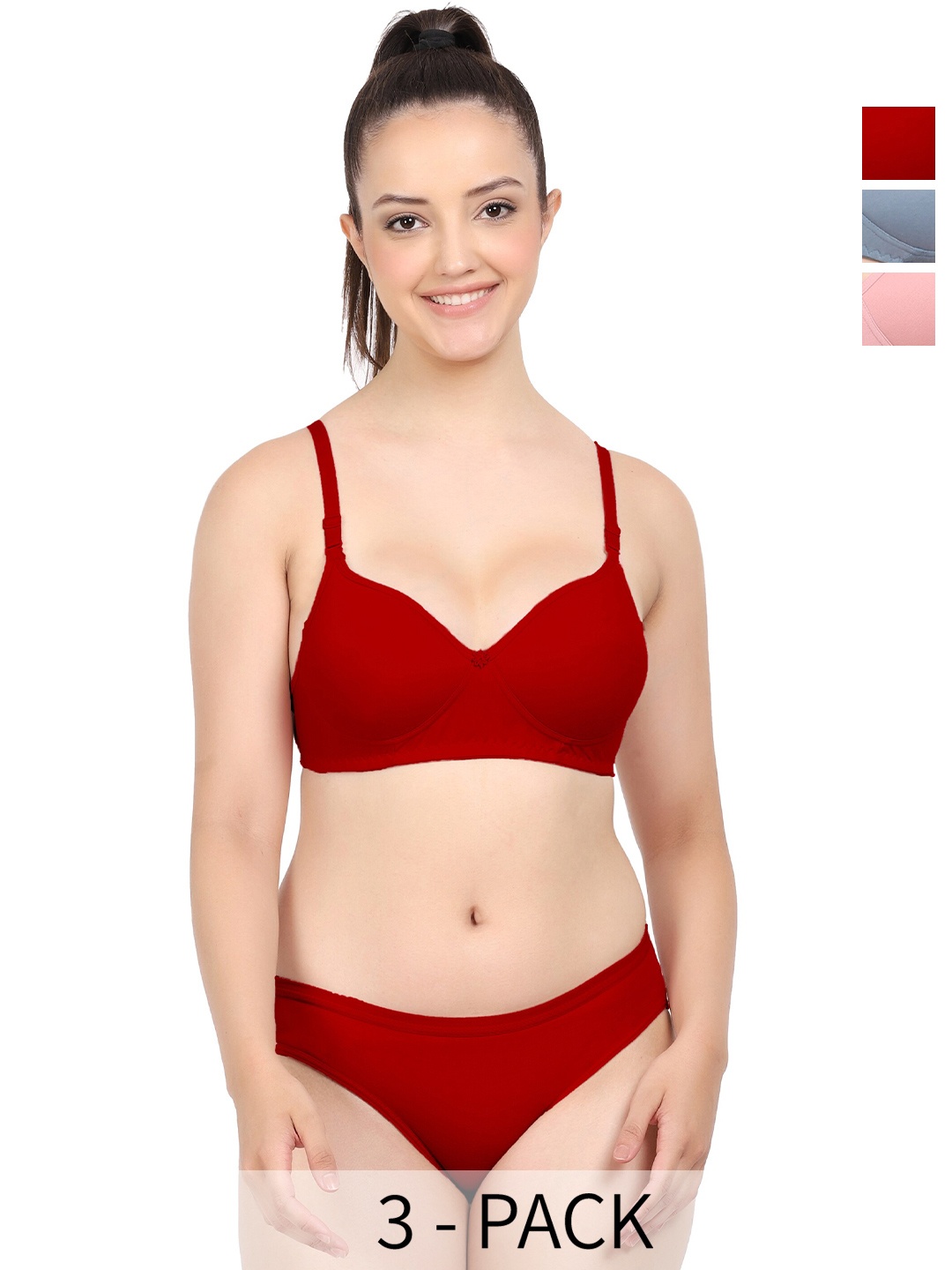 

AROUSY Pack Of 3 Lightly Padded Cotton Lingerie Set, Red