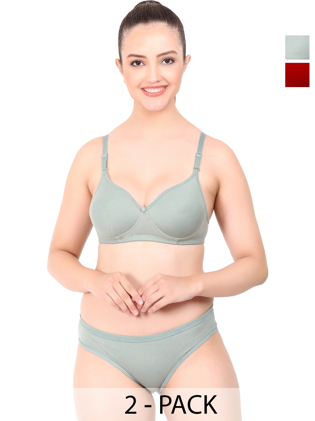 

AROUSY Pack Of 2 Lightly Padded Cotton Lingerie Set, Green