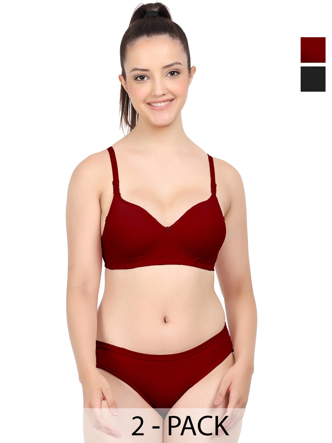 

PIBU Pack Of 2 Non Padded Cotton Lingerie Sets, Maroon