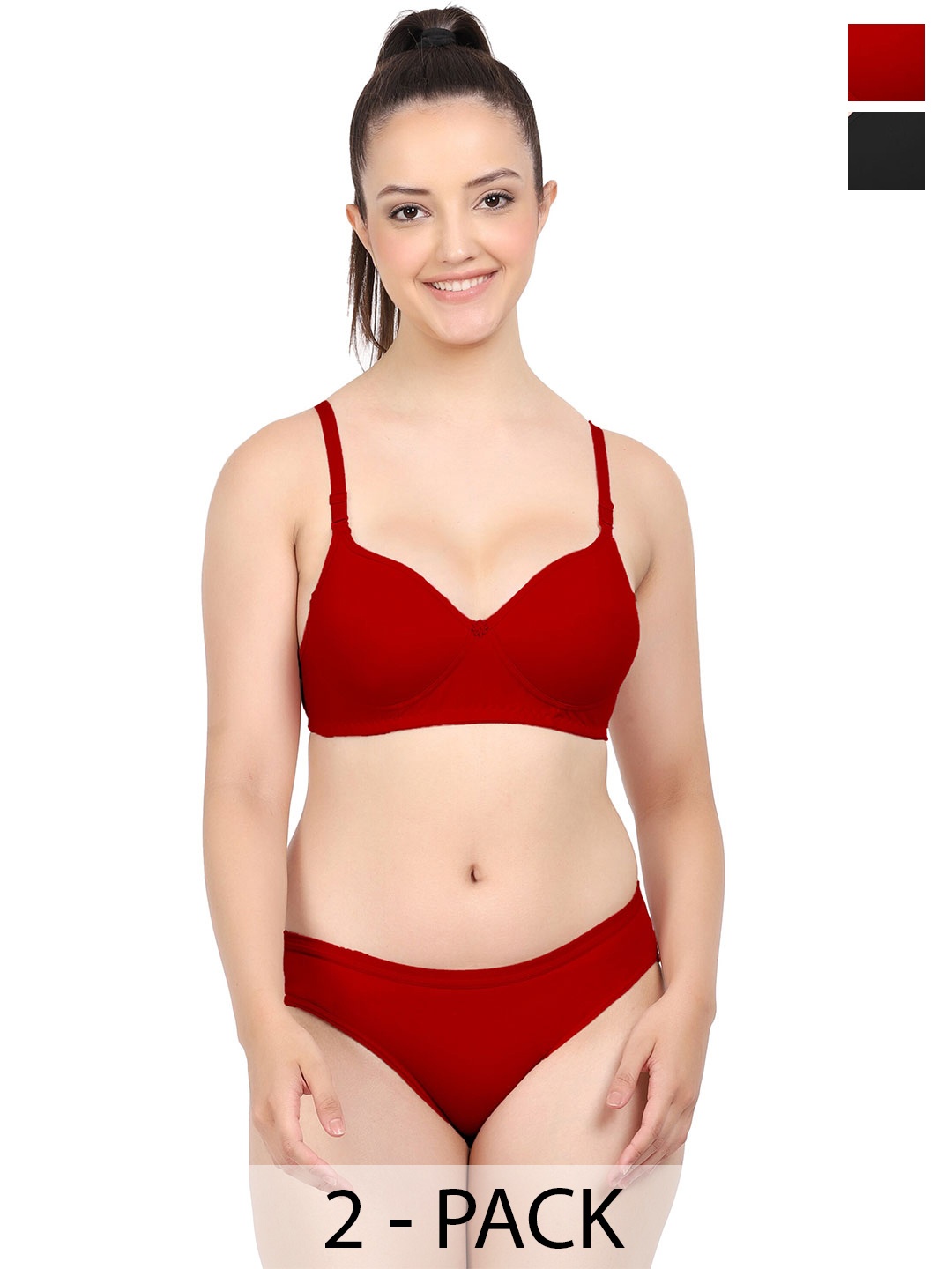 

PIBU Pack of 2 Cotton Lingerie Set, Red