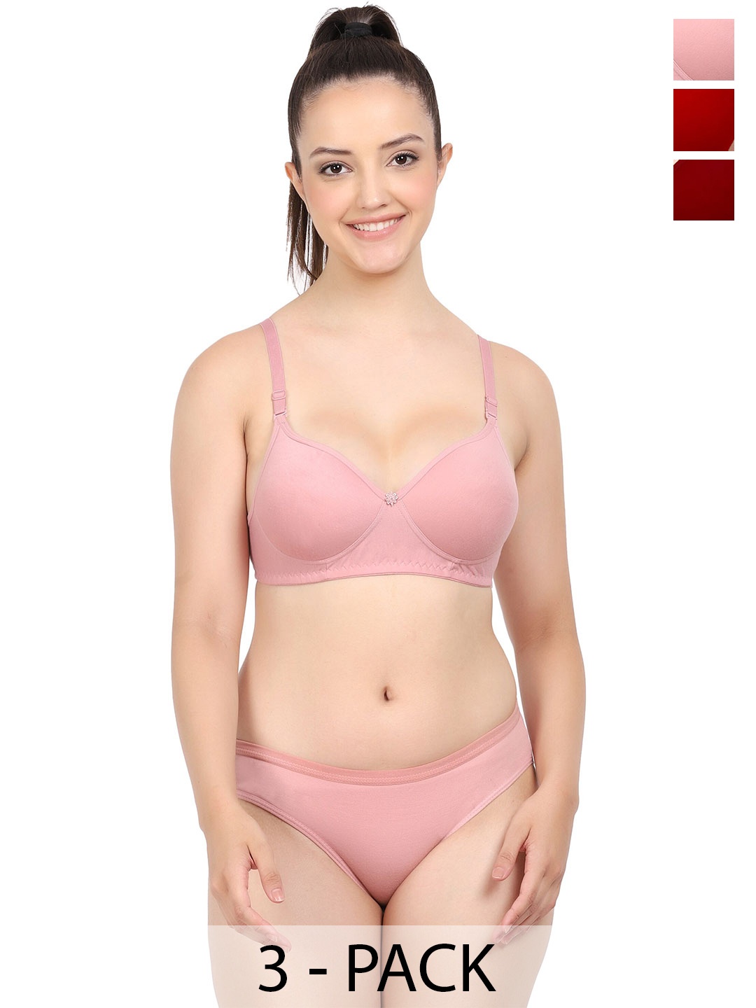 

PIBU Pack of 3 Cotton Lingerie Set, Red
