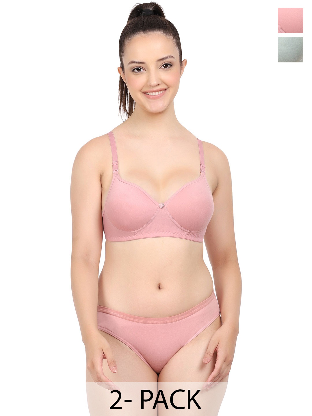 PIBU Pack of 2 Cotton Lingerie Set, Green