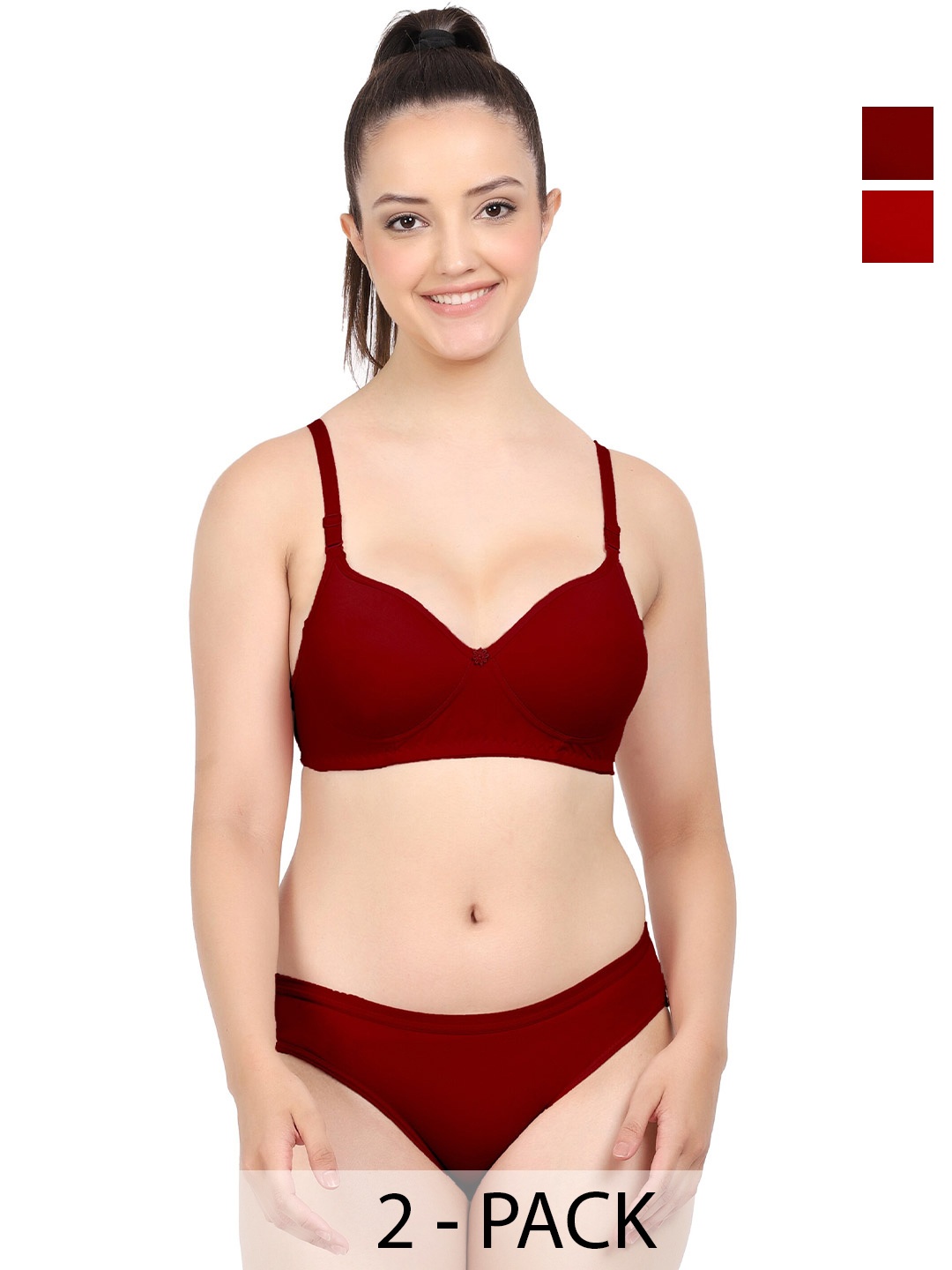 

PIBU Pack Of 2 Non Padded Cotton Lingerie Sets, Red