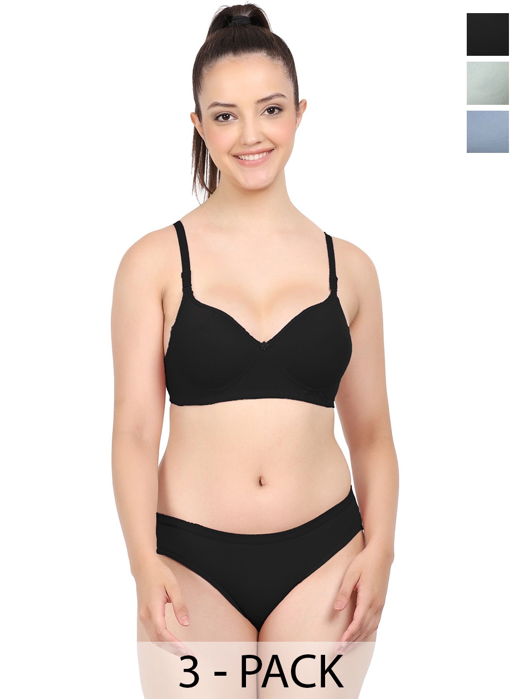 

PIBU Pack Of 3 Cotton Bra Panty Lingerie Sets, Green