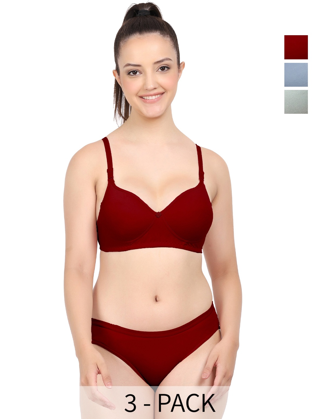 

PIBU Pack Of 3 Lightly Padded Cotton Lingerie Set, Green