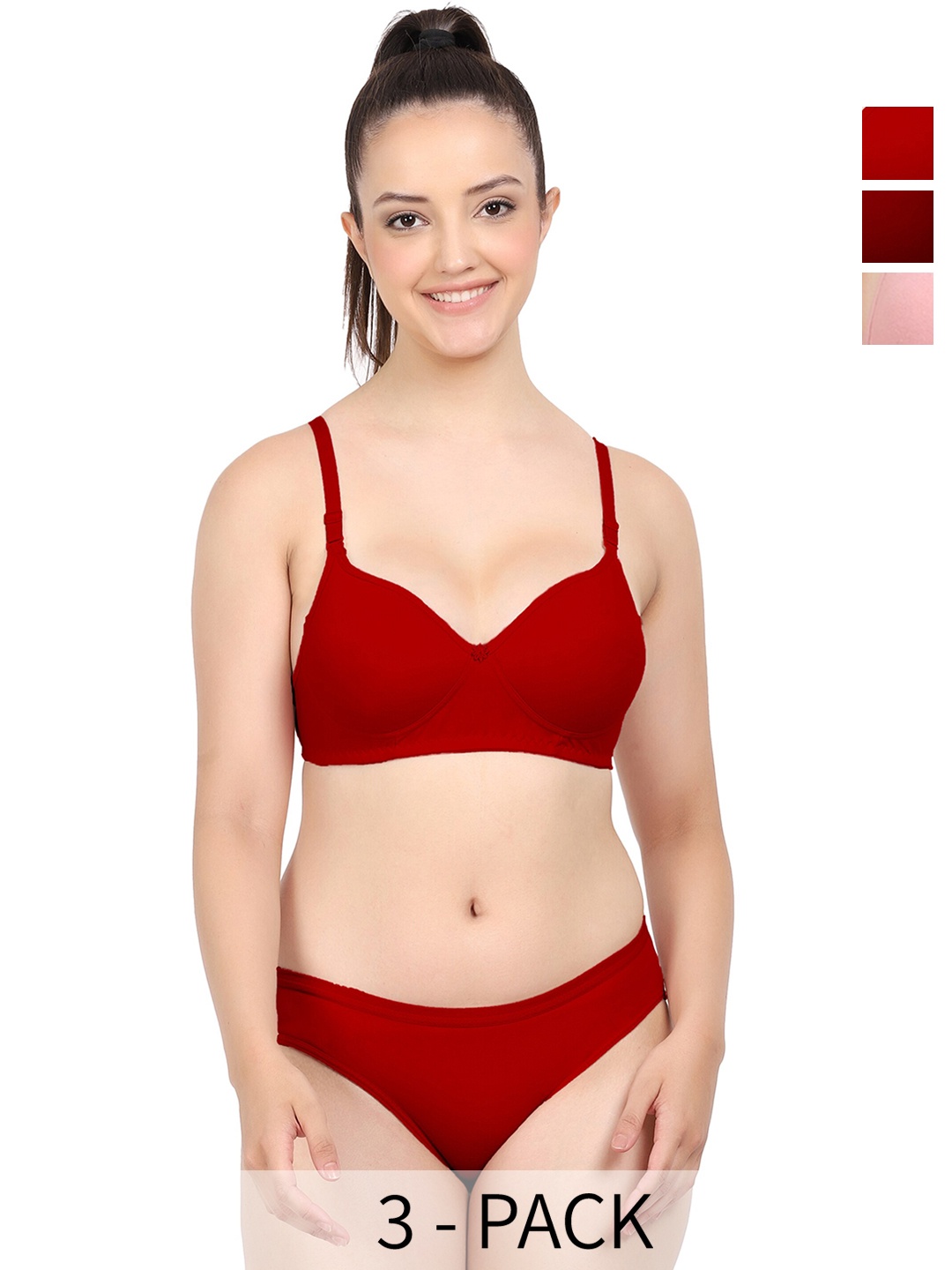 Aamarsh Pack Of 3 Non Padded Non Wired Cotton Briefs Lingerie Set, Red