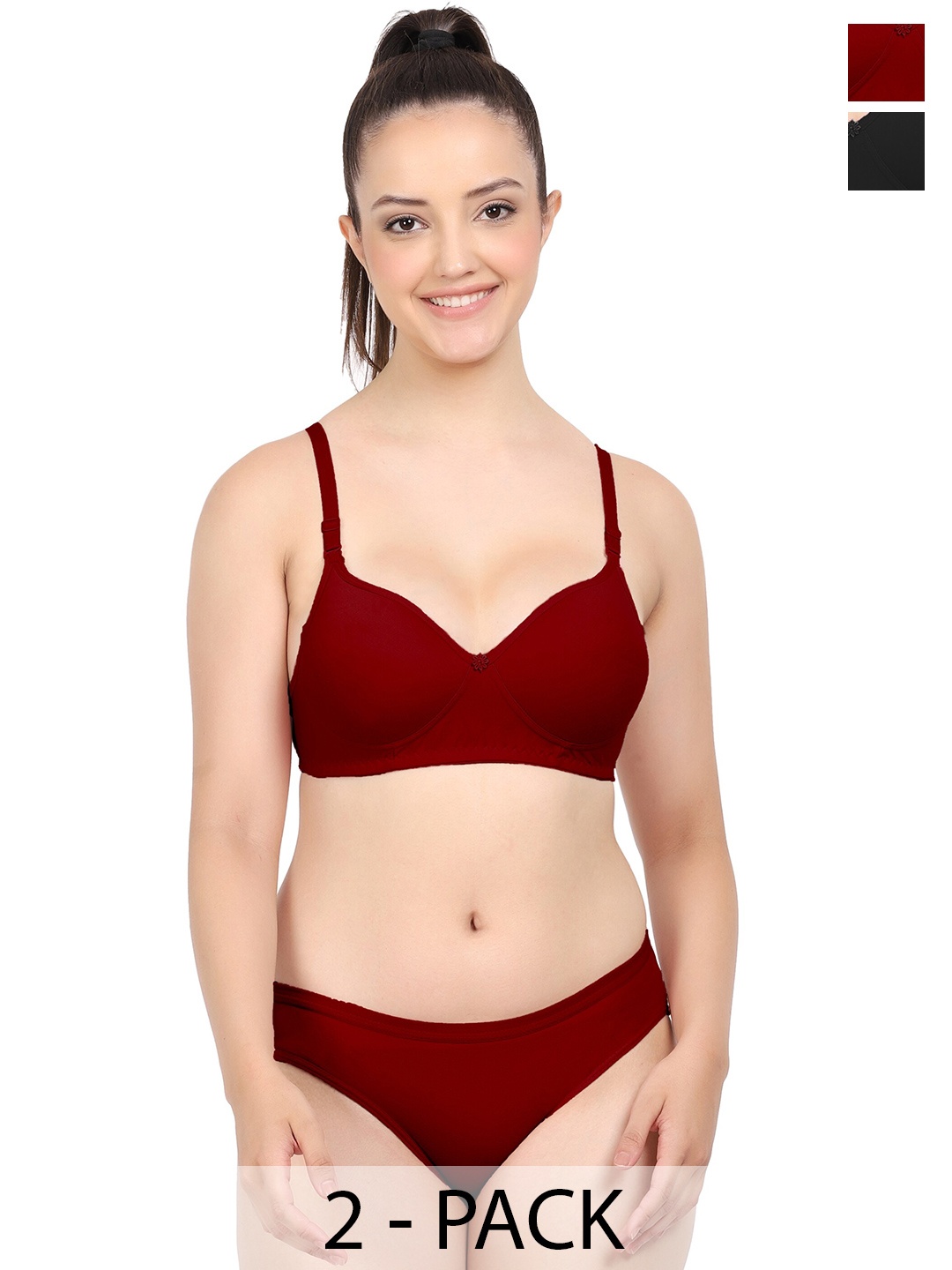 

Aamarsh Pack Of 2 Lightly Padded Cotton Bra With Briefs, Maroon