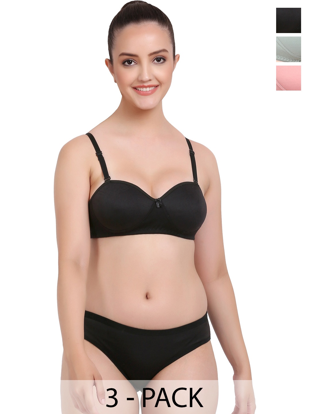 

AROUSY Pack Of 3 Lightly Padded Cotton Lingerie Set, Black