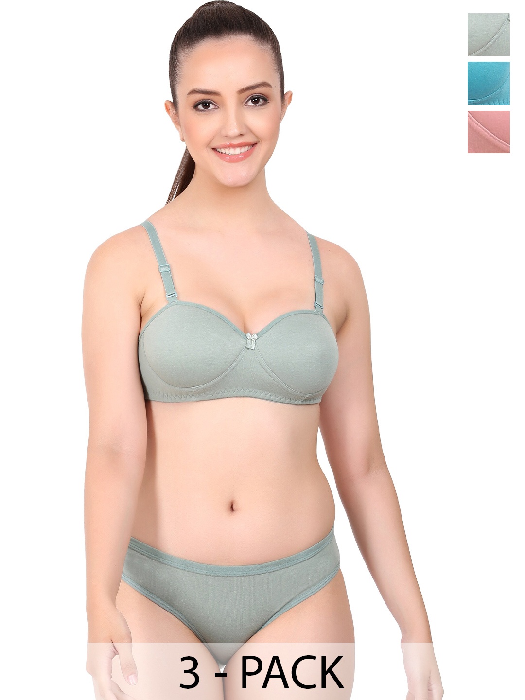 

AROUSY Pack Of 3 Lightly Padded Cotton Lingerie Set, Green