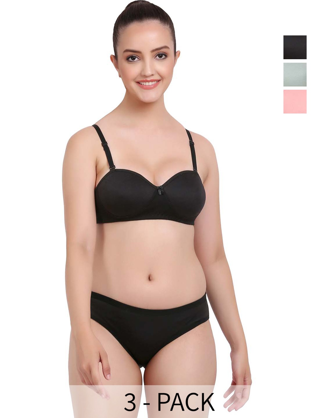 

PIBU Pack of 3 Cotton Lingerie Set, Black