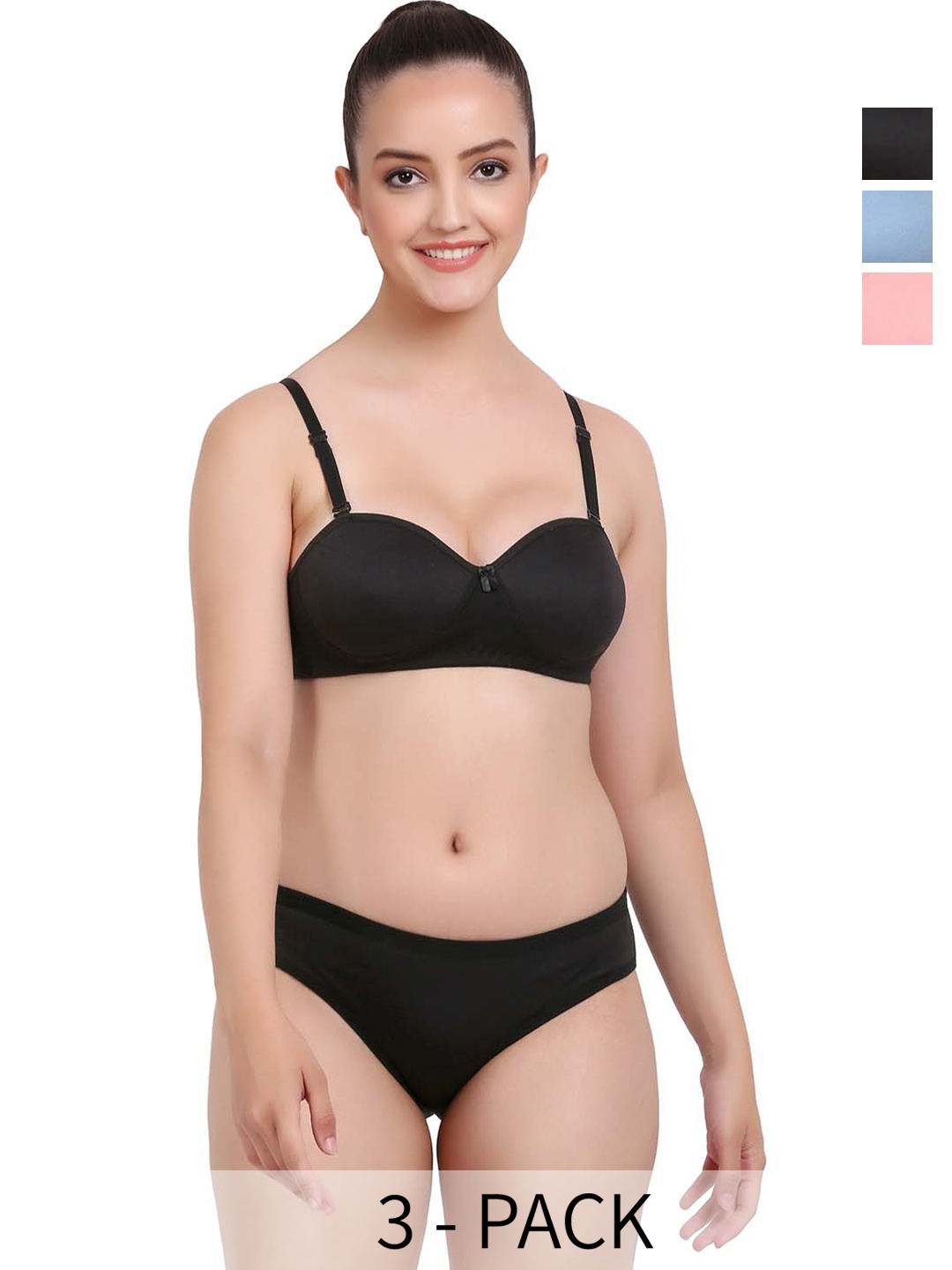 

PIBU Pack Of 3 Lightly Padded Cotton Lingerie Set, Black