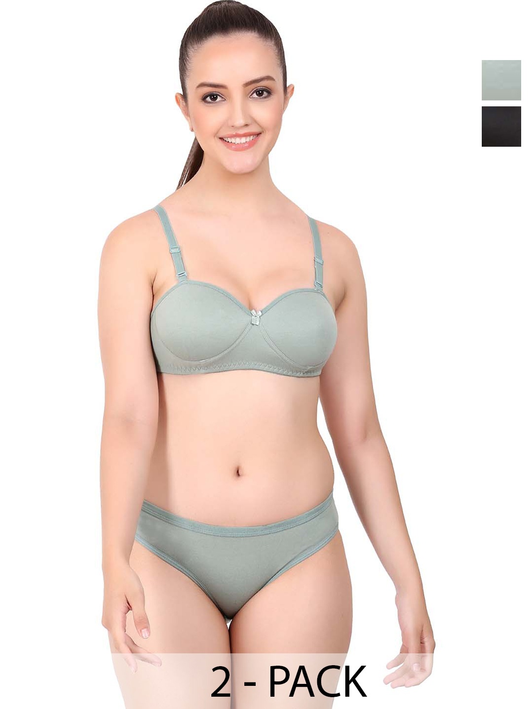 

PIBU Pack Of 2 Lightly Padded Cotton Lingerie Set, Green