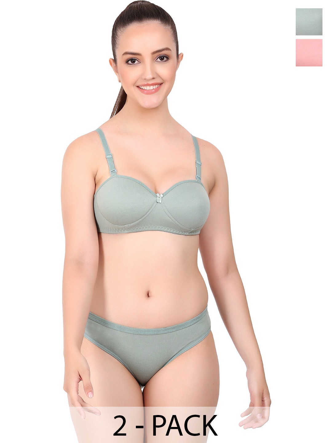 Aamarsh Pack Of 2 Lightly Padded Cotton Lingerie Set, Green