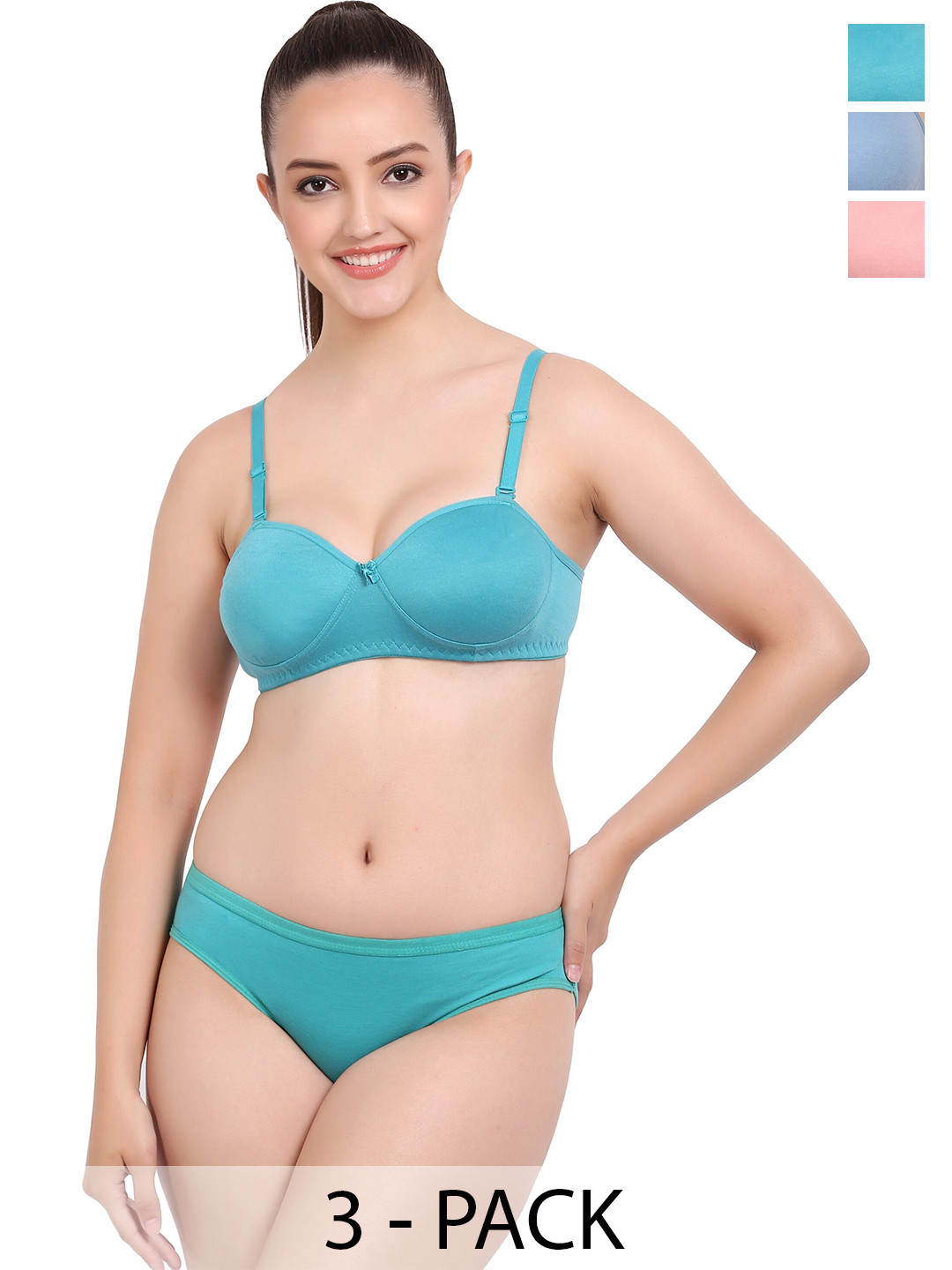 

Aamarsh Pack Of 3 Lightly Padded Cotton Lingerie Set, Blue
