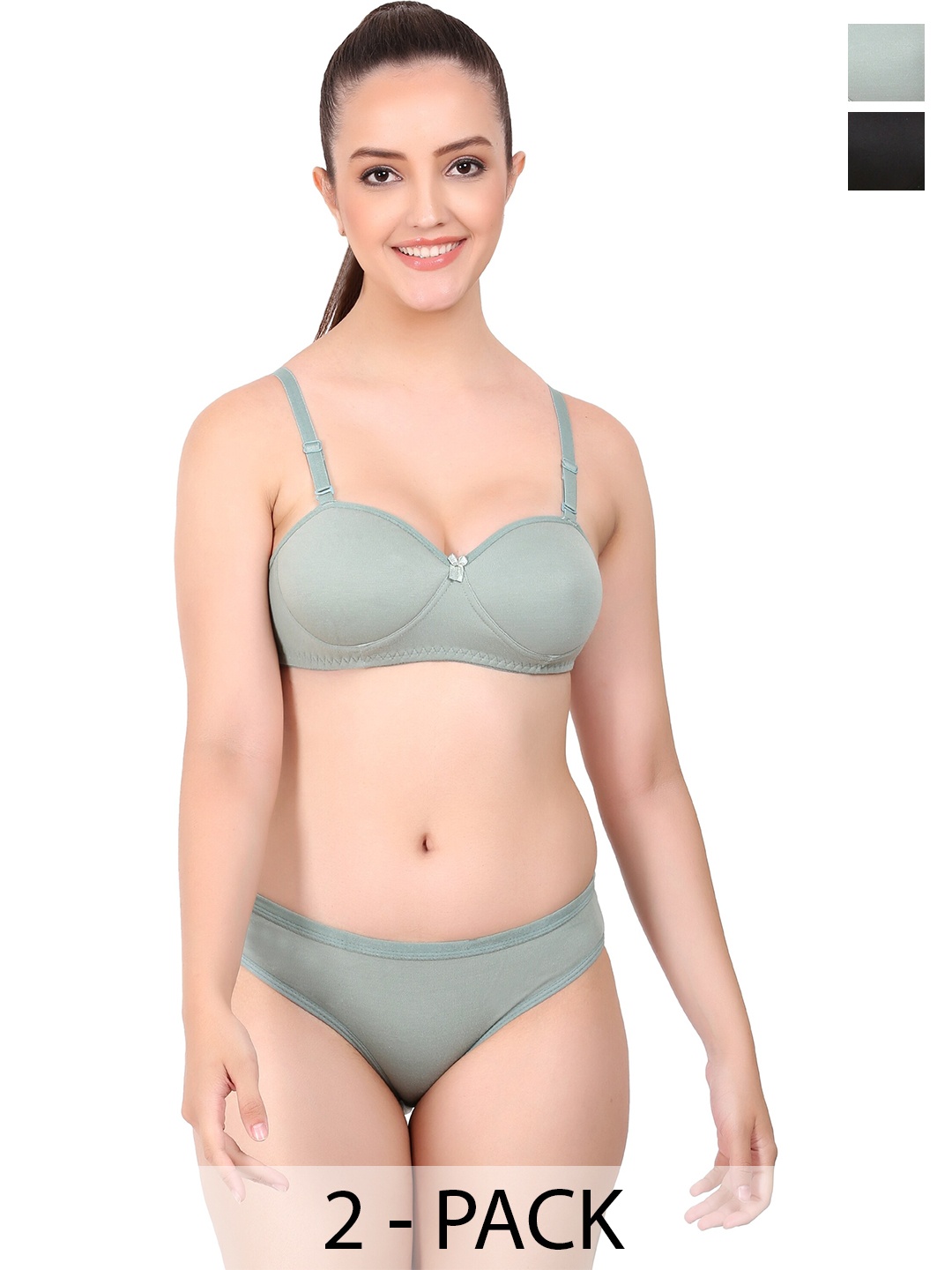 Aamarsh Pack Of 2 Lightly Padded Cotton Lingerie Set, Green