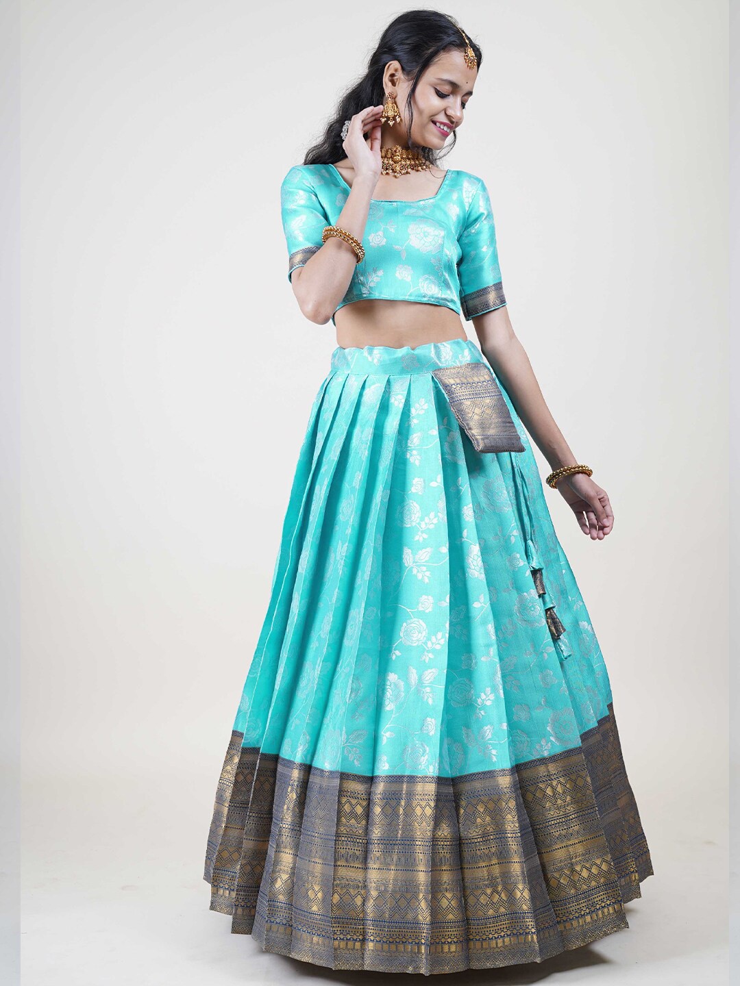 

Fabcartz Woven Design Semi Stitched Lehenga & Unstitched Blouse With Dupatta, Turquoise blue