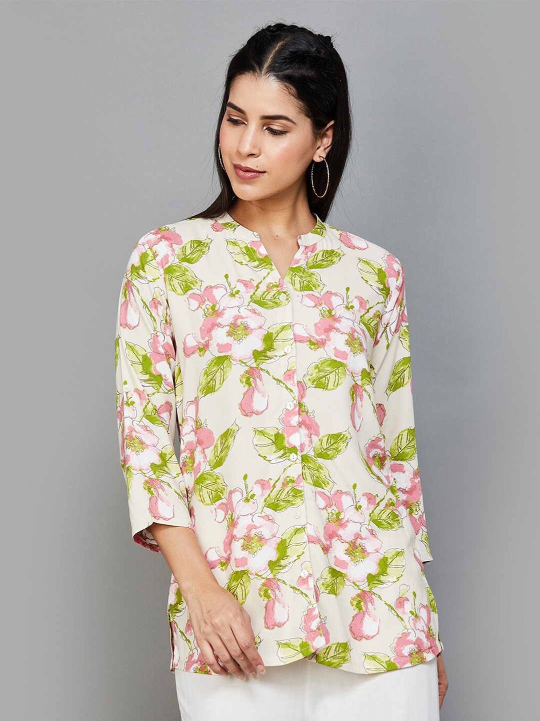 

Melange by Lifestyle Floral Printed Mandarin Collar Straight Kurti, Off white
