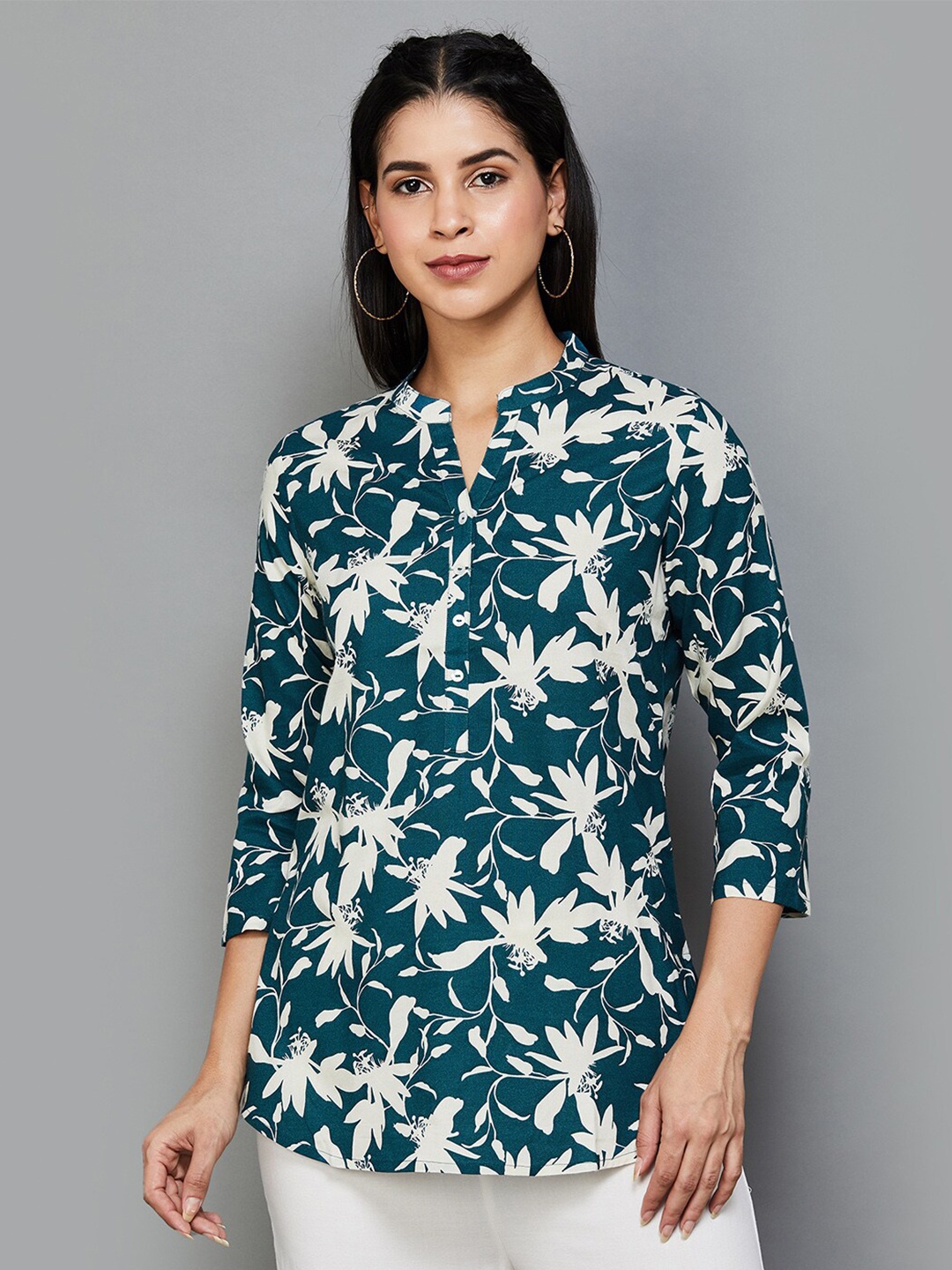 

Melange by Lifestyle Floral Printed Mandarin Collar Straight Kurti, Teal