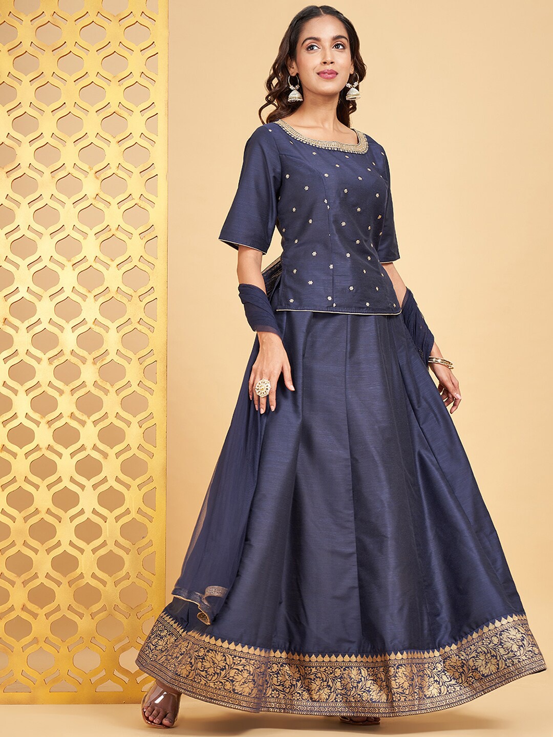 

RANGMANCH BY PANTALOONS Embroidered Ready to Wear Lehenga & Blouse With Dupatta, Blue