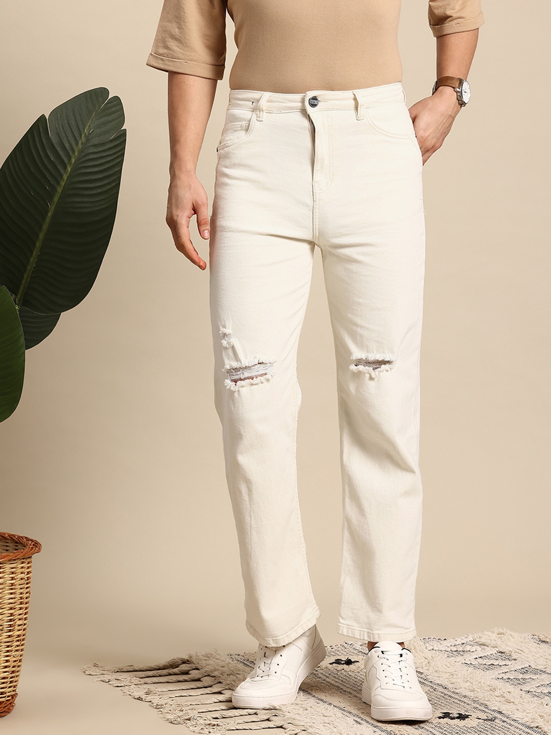 

Mast & Harbour Men Slash Knee Stretchable Jeans, Cream