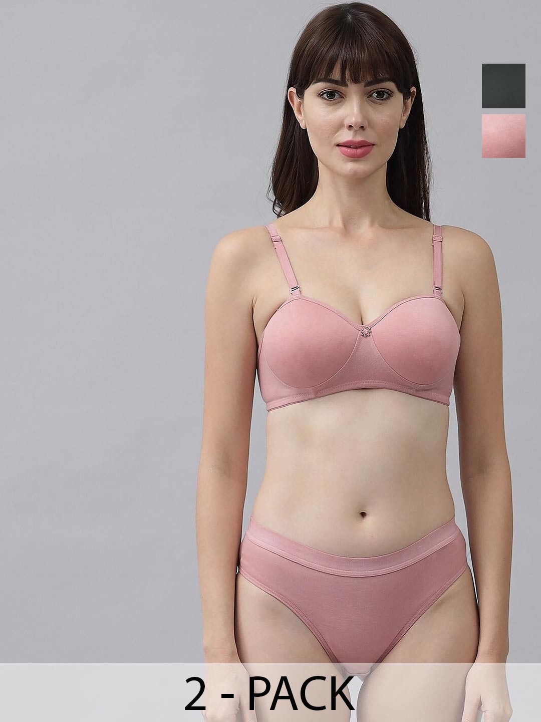 

AROUSY Pack Of 2 Lightly Padded Cotton Lingerie Set Demii-Set_Pink,Black