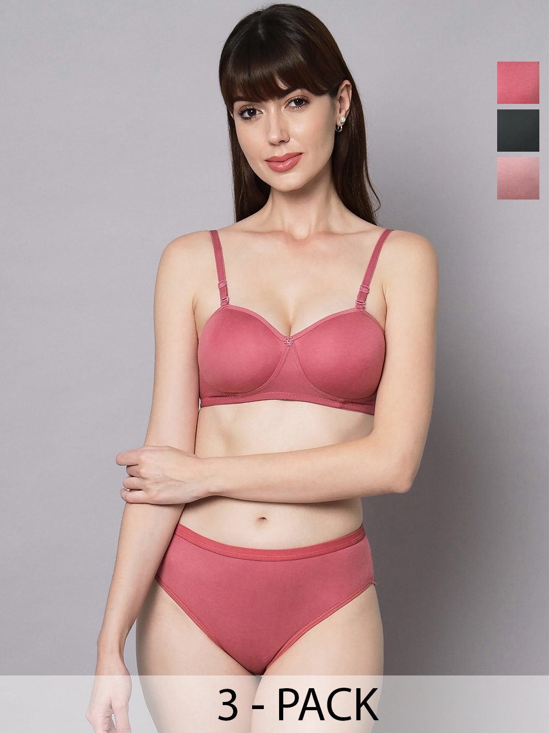 

PIBU Pack Of 3 Lightly Padded Cotton Lingerie Set, Red