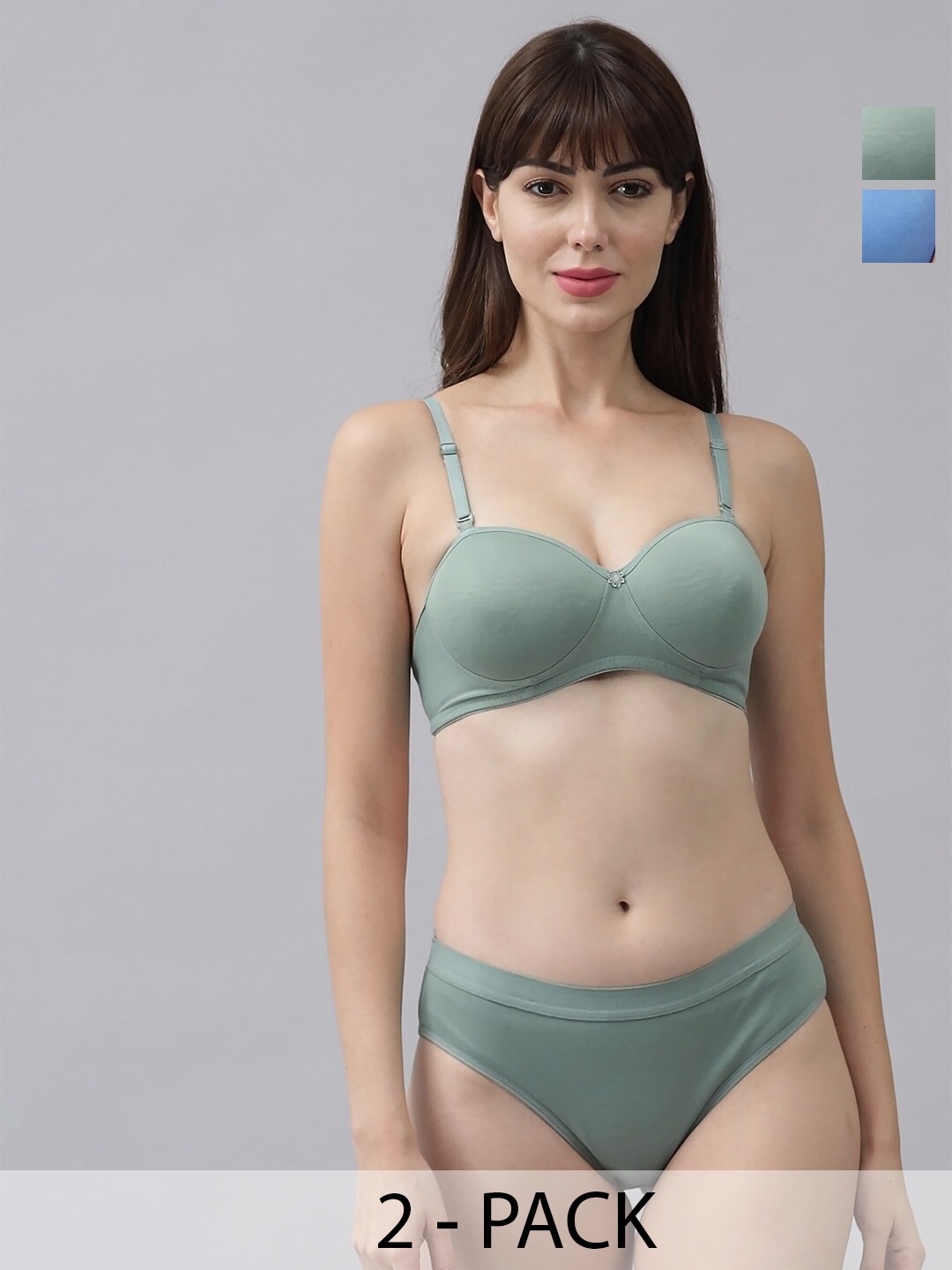 

PIBU Pack Of 2 Lightly Padded Cotton Lingerie Set, Green