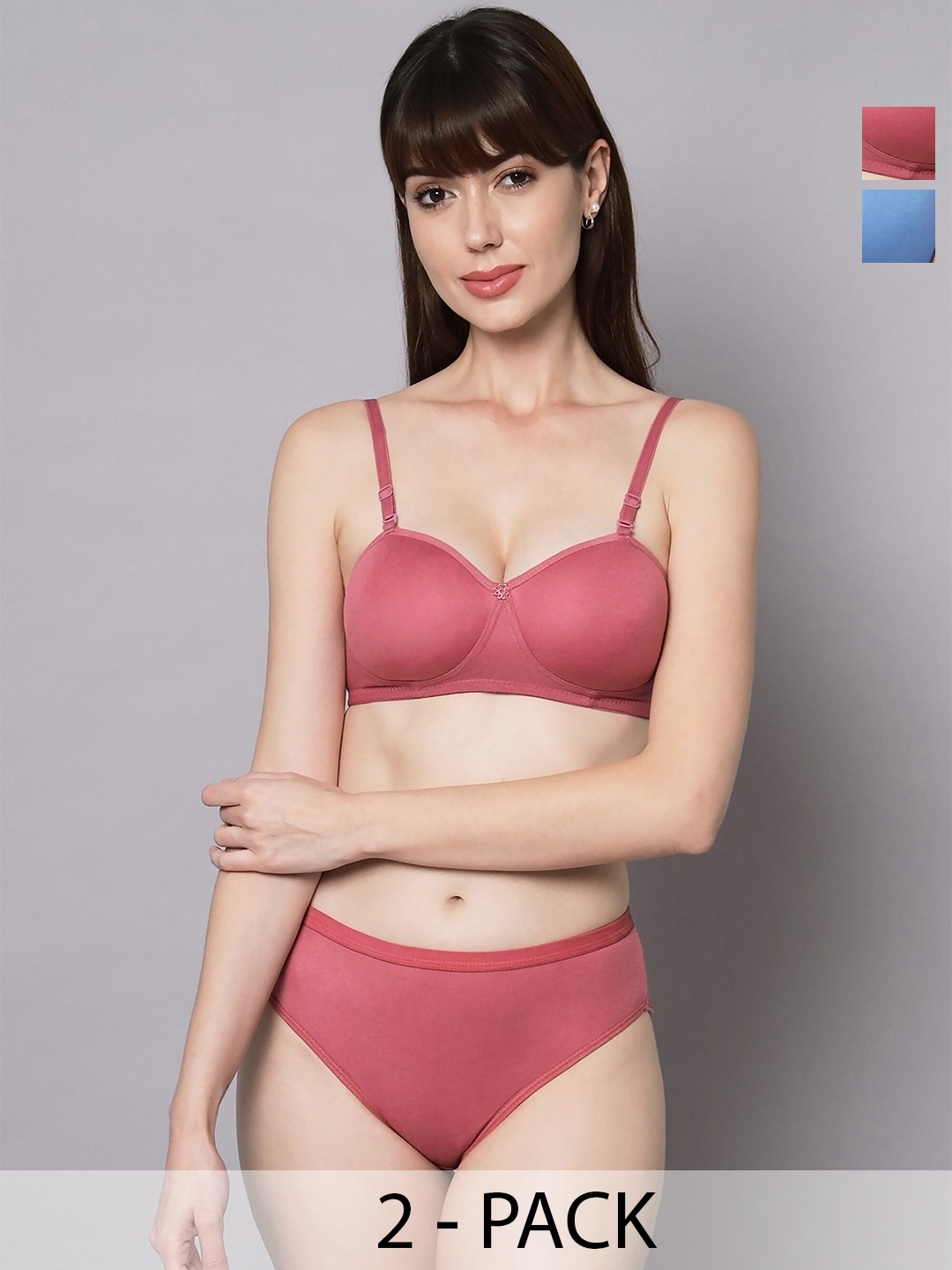 

Aamarsh Pack Of 2 Cotton Lightly Padded Bra & Mid-Rise Brief, Red