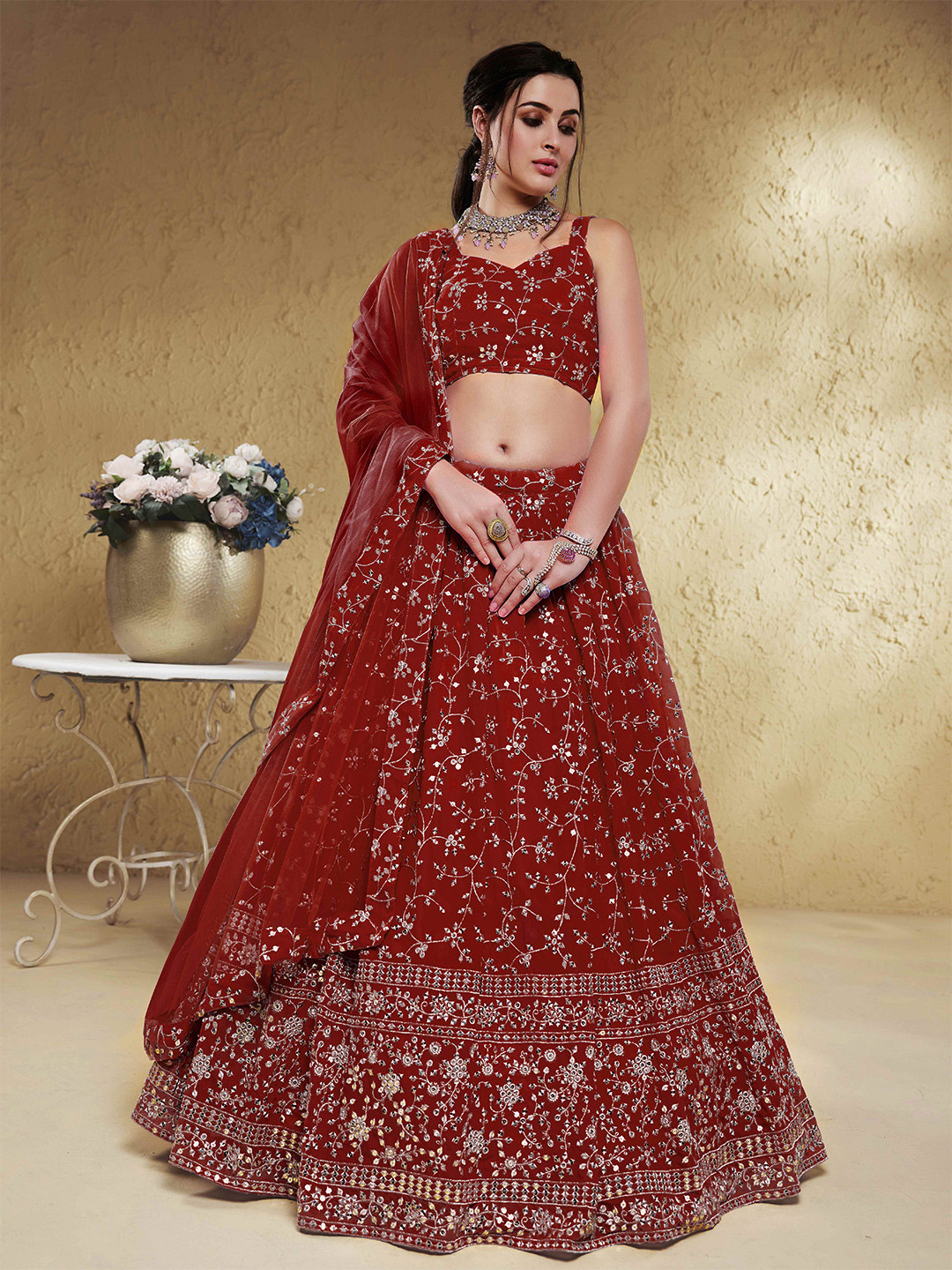 

FABPIXEL Embroidered Sequinned Semi Stitched Lehenga & Unstitched Blouse With Dupatta, Red