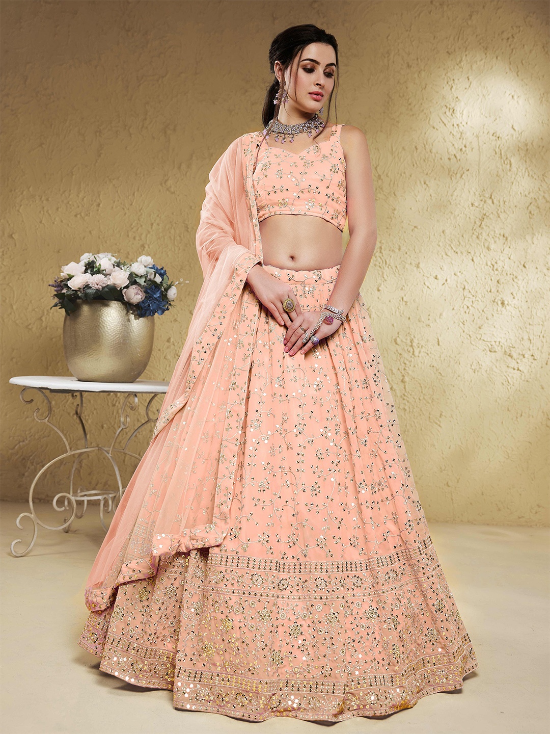 

FABPIXEL Embroidered Sequinned Semi Stitched Lehenga & Unstitched Blouse With Dupatta, Pink