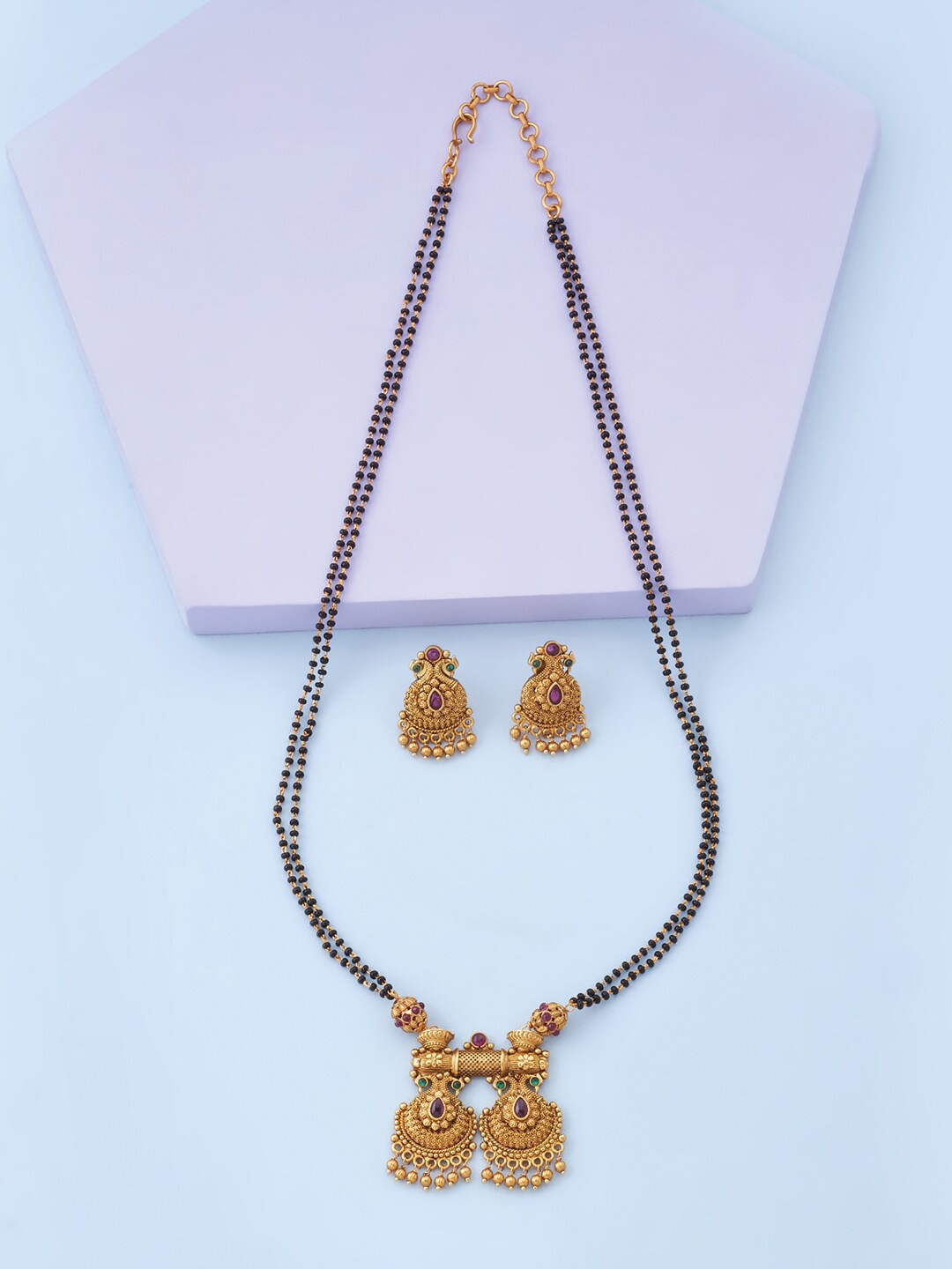 

Kushal's Fashion Jewellery Gold-Plated Stones-Studded & Beaded Mangalsutra & Earring