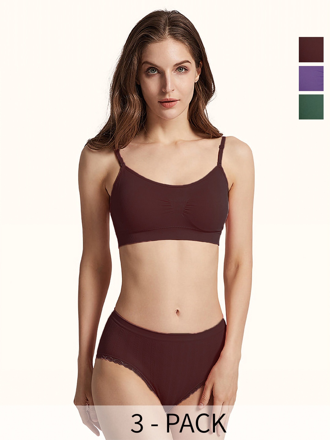 

AROUSY Pack Of 3 Non Padded Cotton Lingerie Sets, Purple