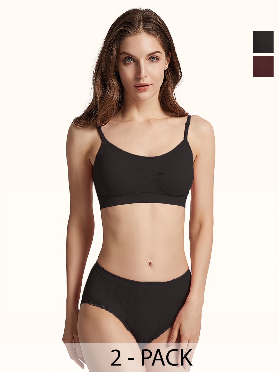 

AROUSY Pack Of 2 Non Padded Cotton Lingerie Set Nora Sets, Black