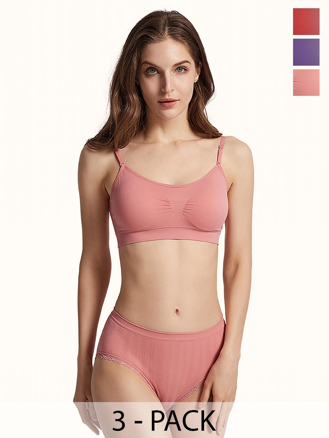 

AROUSY Pack Of 3 Cotton Non Padded Lingerie Set Nora Set_Pink,Red,Purple