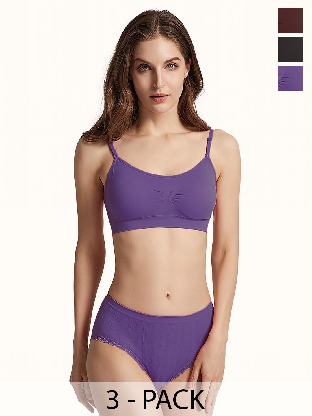 

AROUSY Pack Of 3 Non Padded Cotton Lingerie Set Nora Set_Purple,Maroon,Black