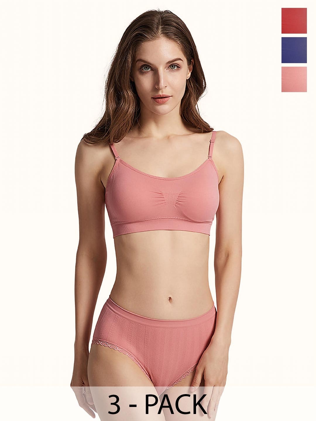 

AROUSY Pack Of 3 Non Padded Cotton Bra With Brief, Pink