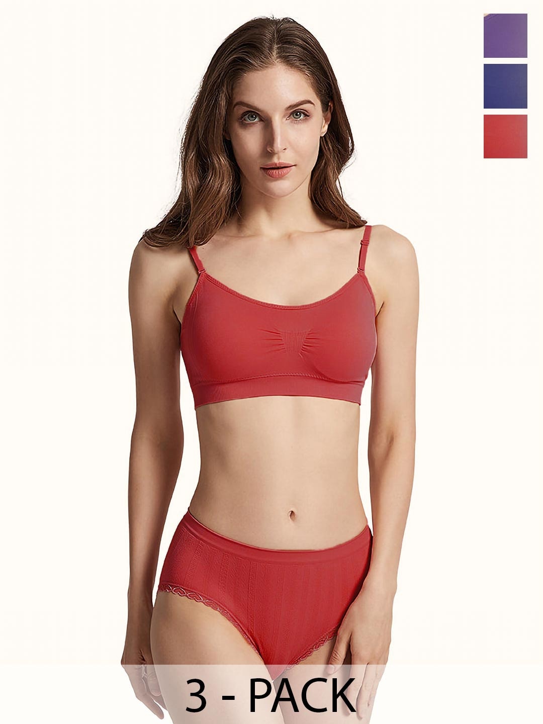 

PIBU Pack Of 3 Cotton Non Padded Lingerie Set F_Nora Set_Red,Purple,Blue