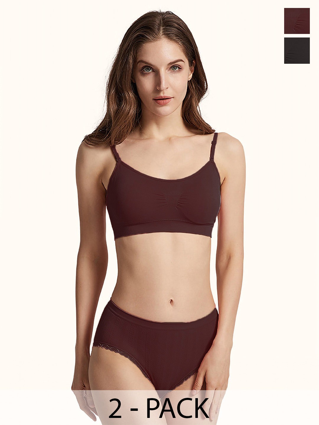 

PIBU Pack Of 2 Non Padded Cotton Lingerie Sets, Maroon
