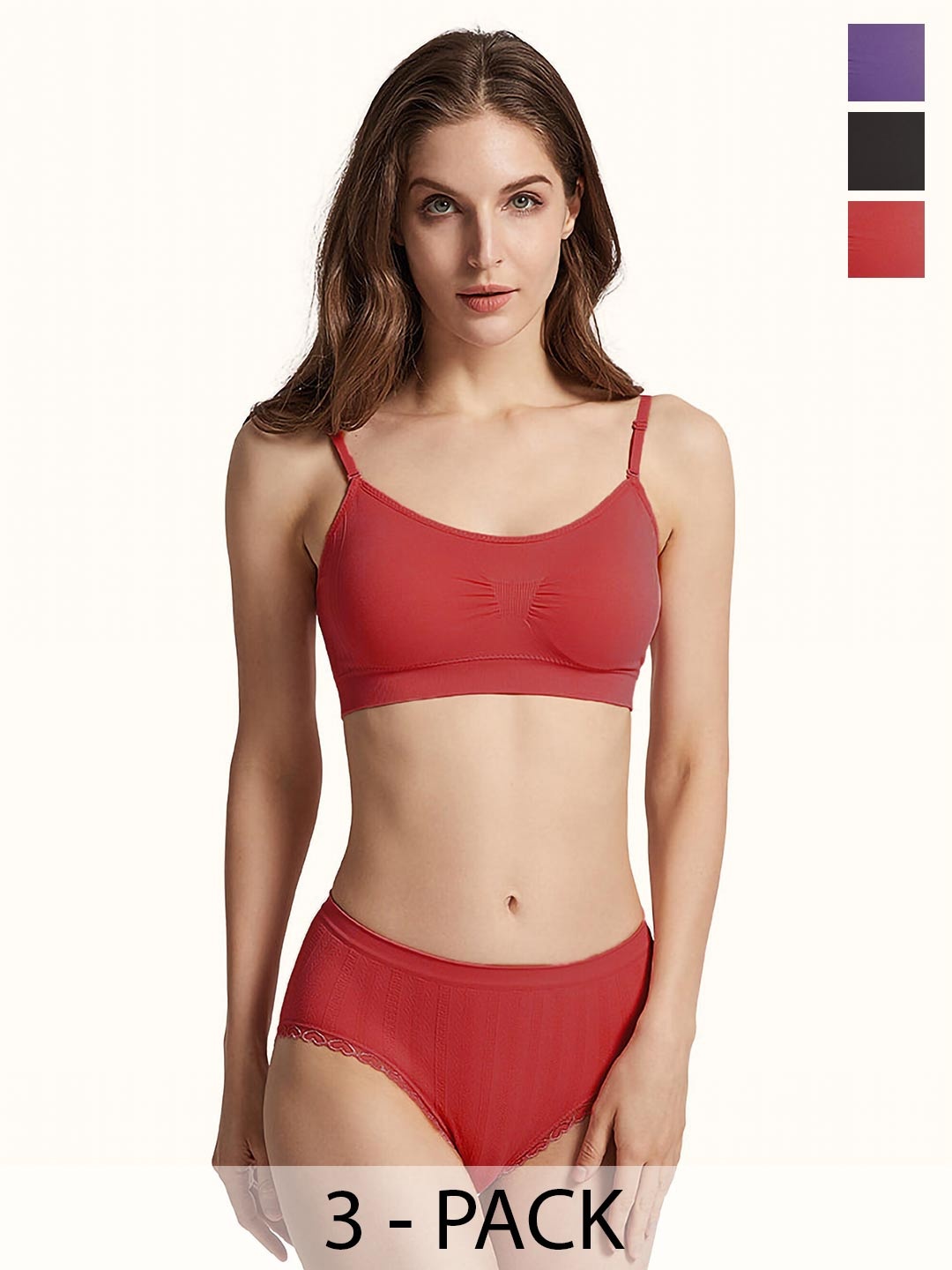 

PIBU Pack Of 3 Cotton Non Padded Lingerie Set F_Nora Set_Red,Purple,Black