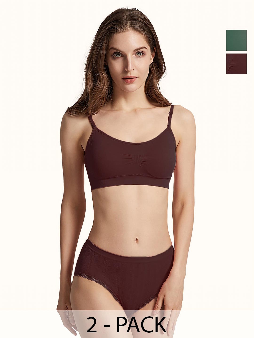 

PIBU Pack Of 2 Non Padded Cotton Lingerie Set F_Nora Set_Maroon,Green