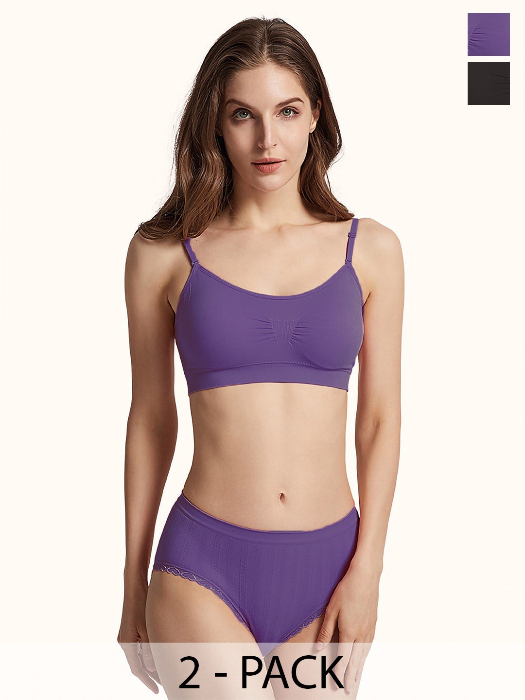 

PIBU Pack Of 2 Non Padded Cotton Lingerie Sets, Purple