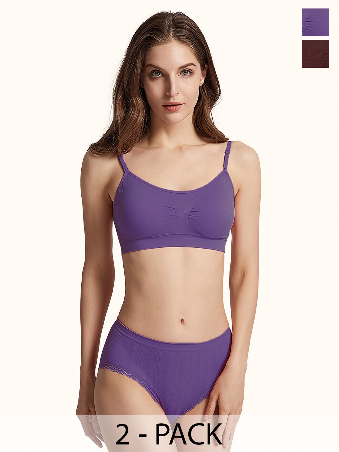 

PIBU Pack Of 2 Cotton Non Padded Lingerie Sets, Purple