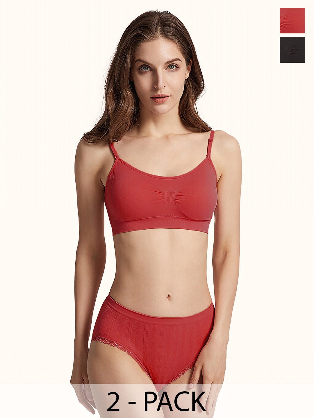

PIBU Pack Of 2 Non Padded Cotton Lingerie Set F_Nora Set_Red,Black