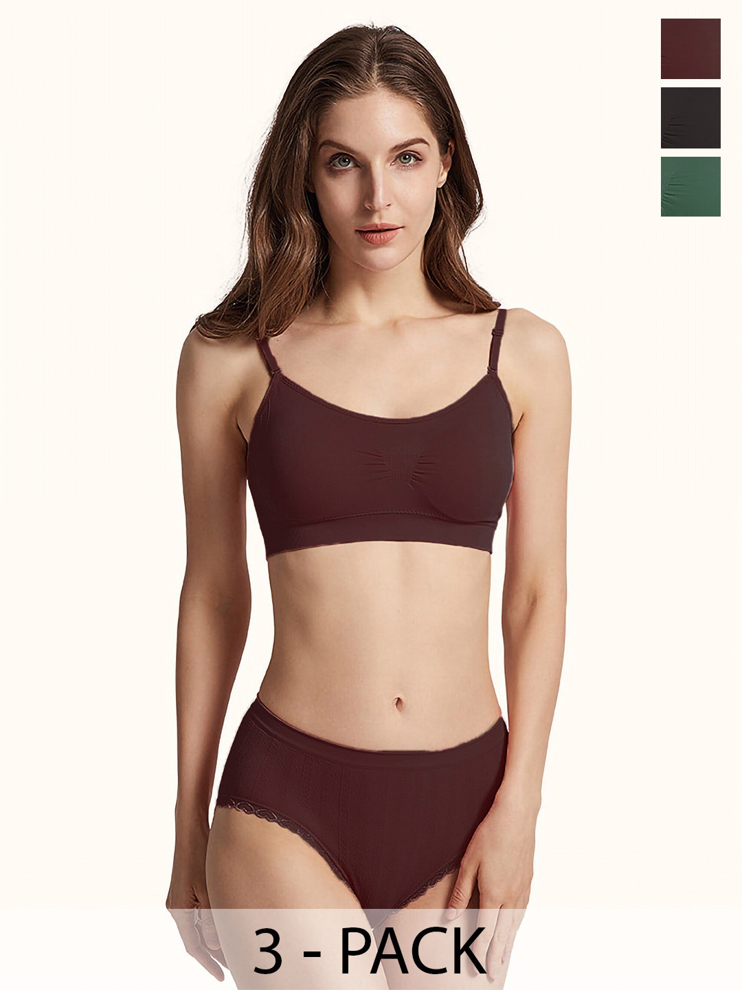 

PIBU Pack Of 3 Non Padded Cotton Lingerie Set, Green