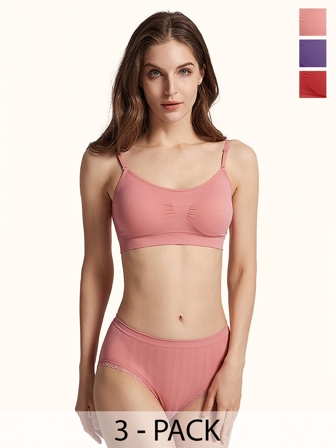 

PIBU Pack Of 3 Cotton Non Padded Lingerie Set, Pink