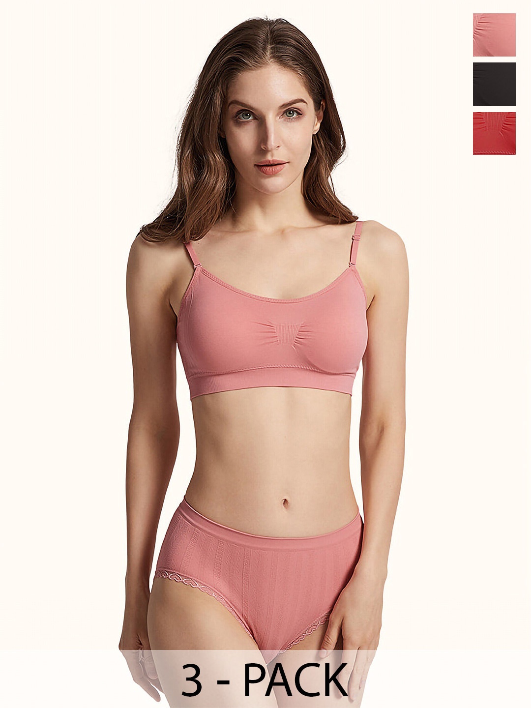 

PIBU Pack Of 3 Cotton Non Padded Lingerie Set, Pink