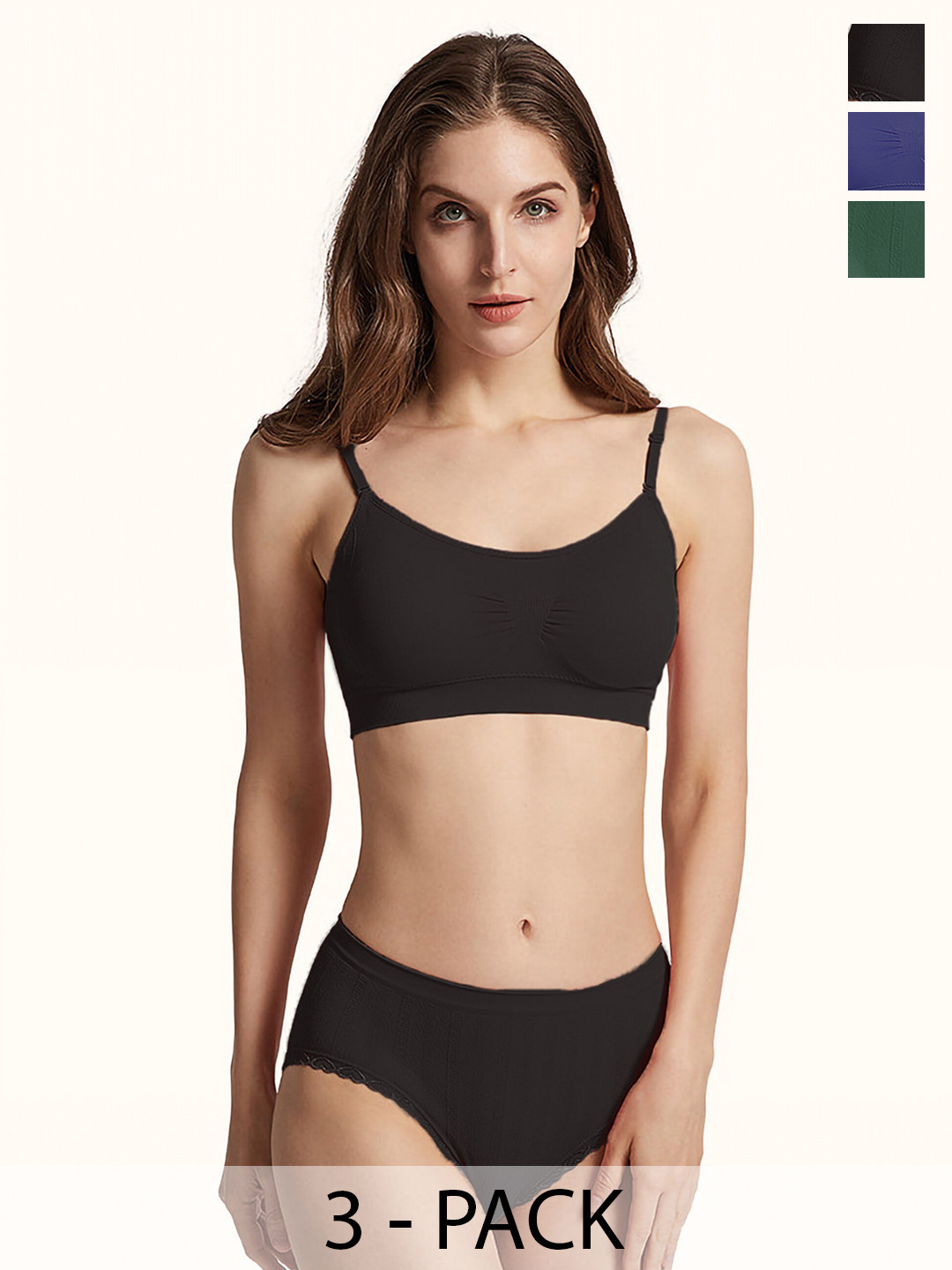 

Aamarsh Pack Of 3 Cotton Non Padded Lingerie Set A_Nora Set_Green,Blue,Black