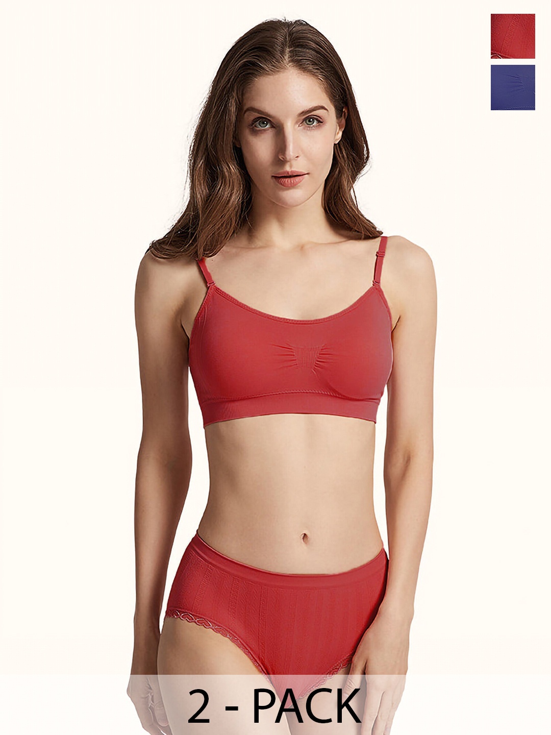 Aamarsh Pack Of 2 Cotton Non Padded Lingerie Set A_Nora Set_Red,Blue